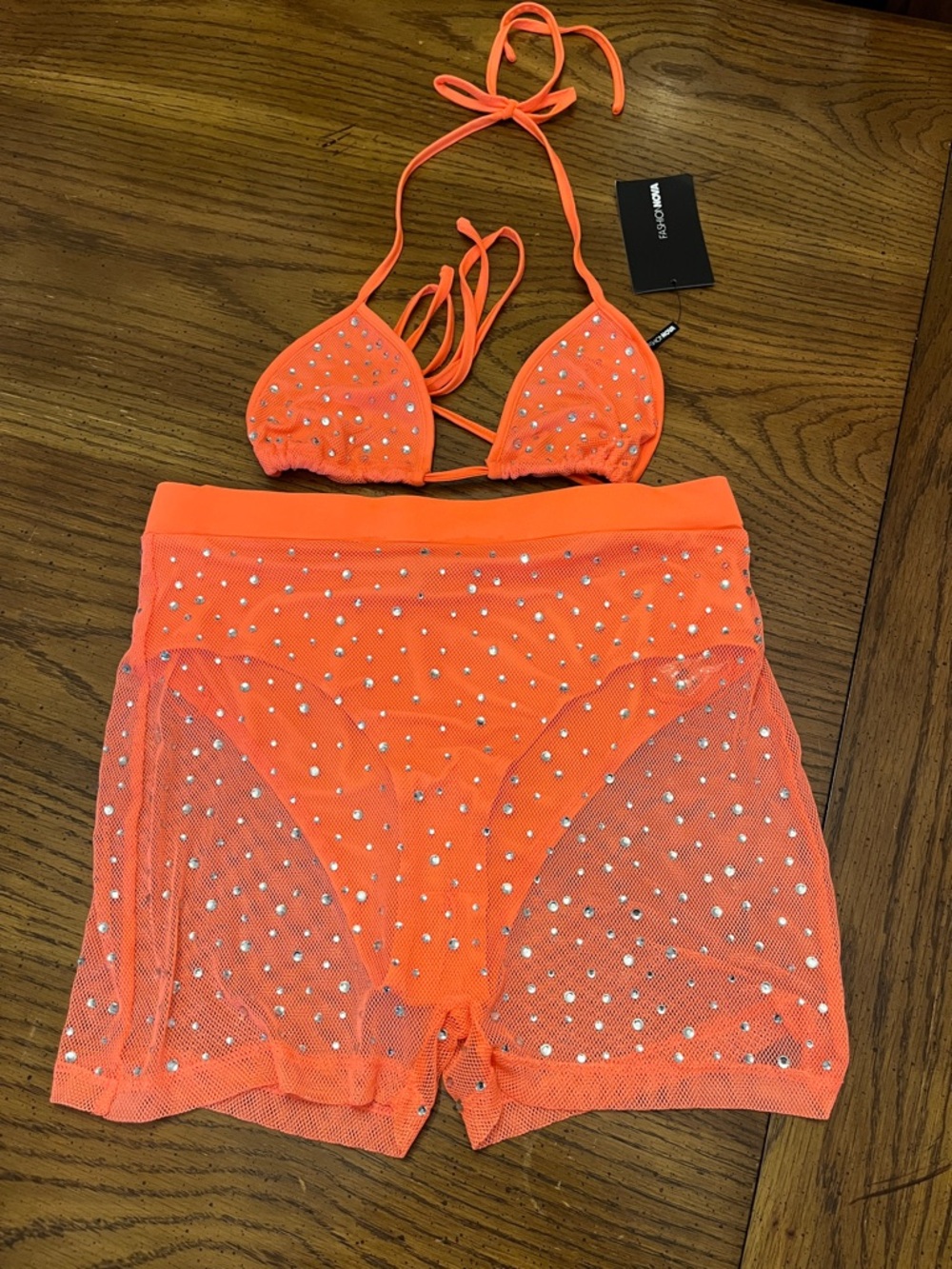 Fashion Nova Neon Orange Rhinestone Mesh Sun Suit, size large, new with tags